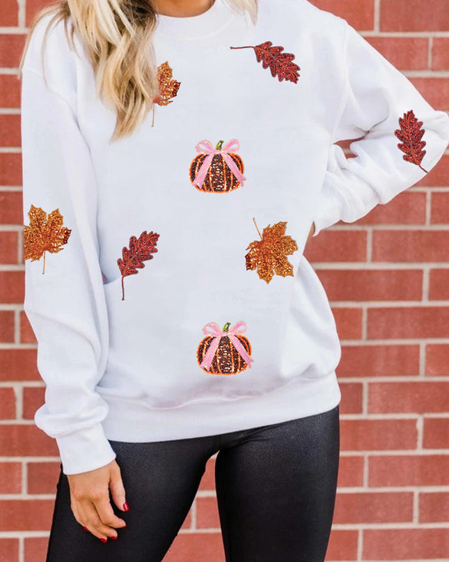 White Fall Leaf Bow Pumpkin Sequin Patched Baggy Sweatshirt