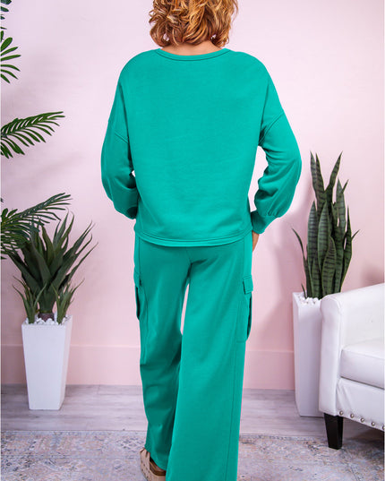 Lapis Mineral Wash Pullover and Wide Leg Cargo Pants Set
