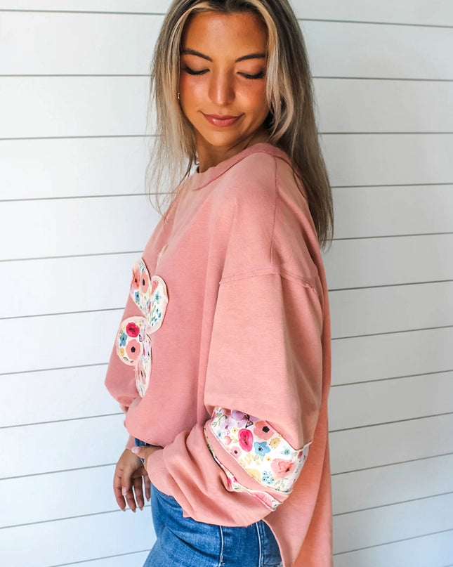 Peach Blossom Flower Applique Patchwork Drop Sleeve Pullover Sweatshirt