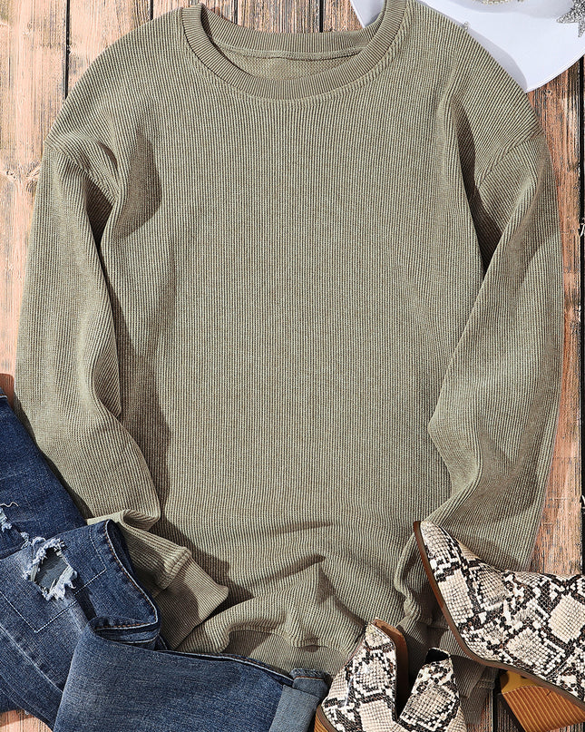 Green Ribbed Round Neck Drop Sleeve Pullover Sweatshirt