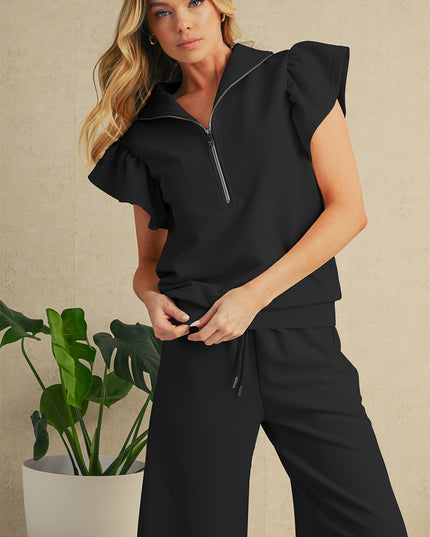 Beau Blue Textured Ruffle Sleeve Zipped Top and Wide Leg Pants Set