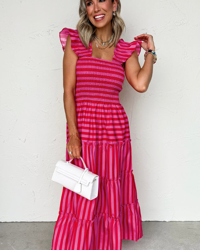 Rose Stripe Ruffle Strap Shirred Bodice Tiered Maxi Dress