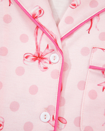 Pink Polka Dot and Bow Print Ruffle Hem Shorts Pajama Set