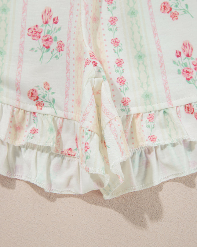 Pink Polka Dot and Bow Print Ruffle Hem Shorts Pajama Set