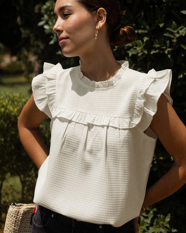White Solid Color Ruffle Trim Waffle Textured Blouse