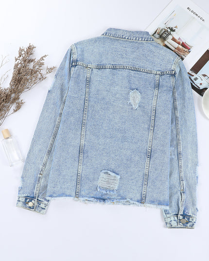 Light Blue Distressed Ripped Raw Hem Buttons Denim Jacket
