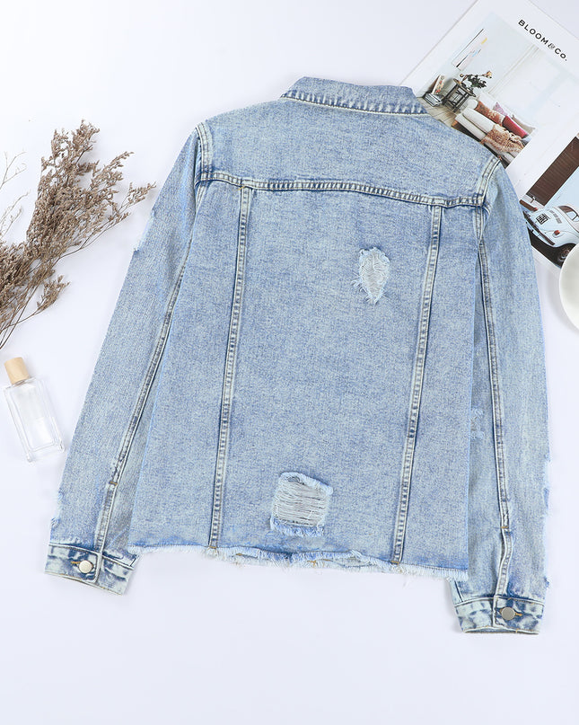 Light Blue Distressed Ripped Raw Hem Buttons Denim Jacket