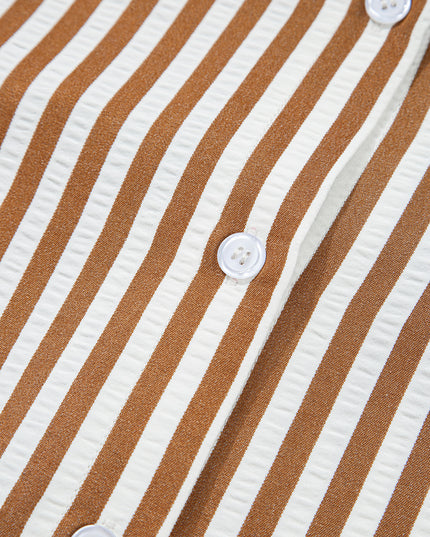 Brown Stripe Ruffle Hem Collared Long Sleeve Shirt Mini Dress
