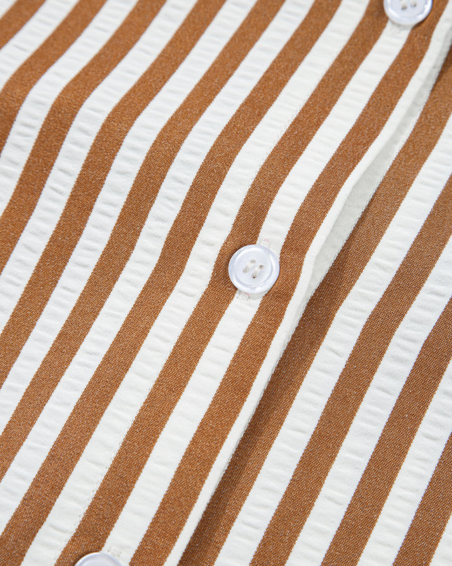 Brown Stripe Ruffle Hem Collared Long Sleeve Shirt Mini Dress