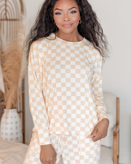 Beige Checkered Print Long Sleeve Loose Fit Pajama Set