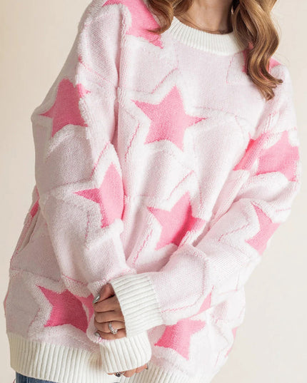 Sachet Pink Star Pattern Drop Sleeve Loose Sweater