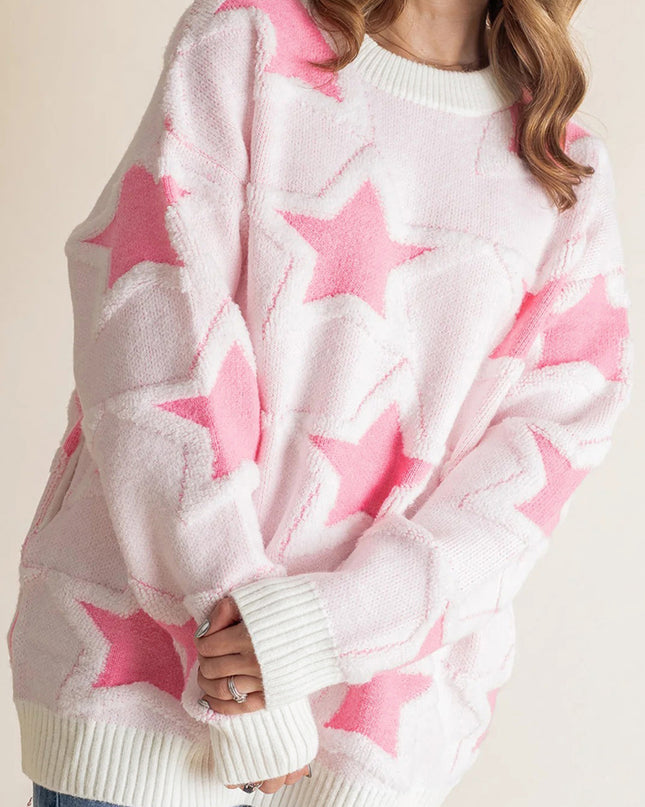 Sachet Pink Star Pattern Drop Sleeve Loose Sweater