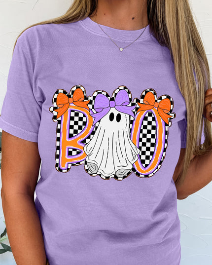 Wisteria Boo Checkered Ghost Crewneck Graphic Tee