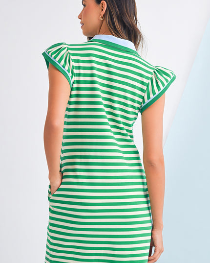 Green Striped Ruffle Short Sleeve Pop of Color Neckline Dress