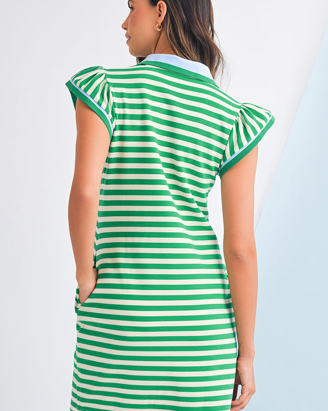Green Striped Ruffle Short Sleeve Pop of Color Neckline Dress