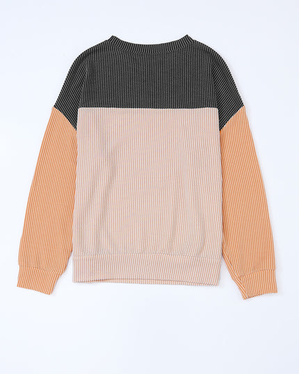 Multicolor Colorblock Ribbed Loose Long Sleeve Top