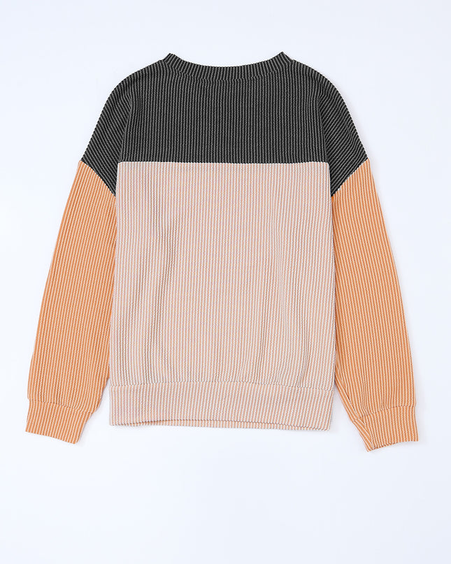 Multicolor Colorblock Ribbed Loose Long Sleeve Top
