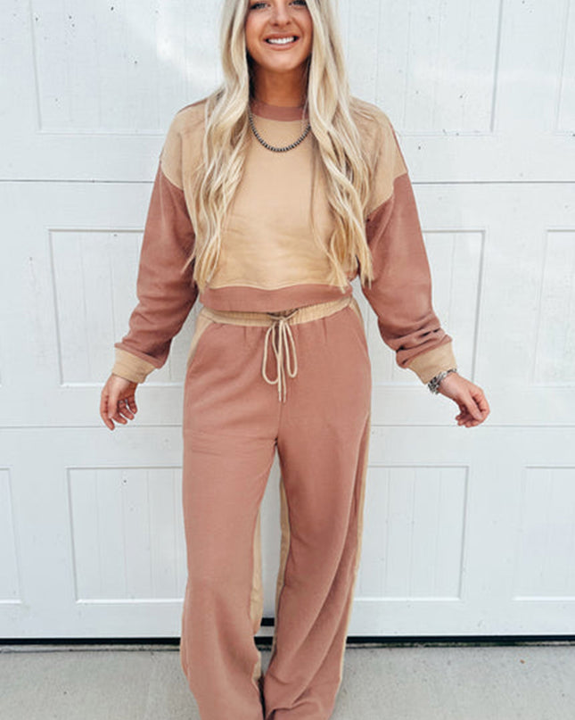 Khaki Color Block Long Sleeve Crop Top Drawstring Pant Set