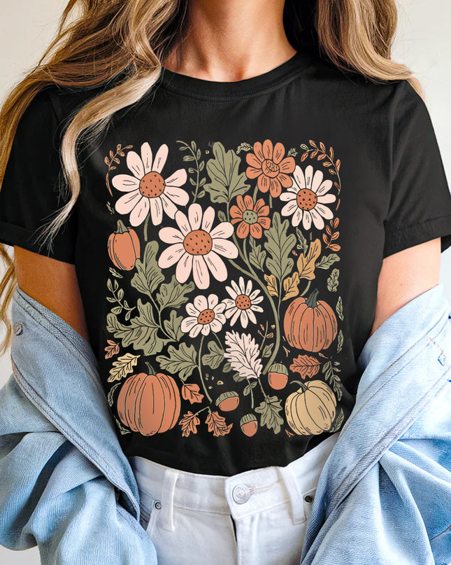 Black Wild Flower Pumpkin Print T Shirt