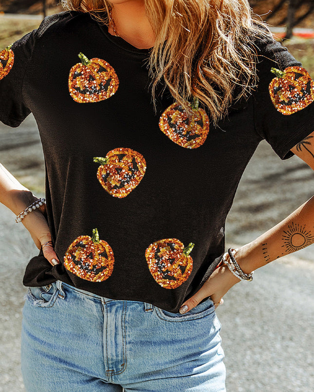 Black Halloween Sequin Pumpkin Face Graphic T Shirt