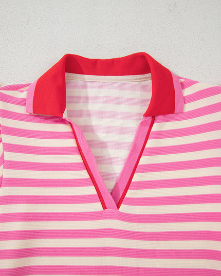 Green Striped Ruffle Short Sleeve Pop of Color Neckline Dress