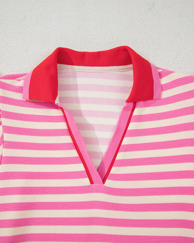 Green Striped Ruffle Short Sleeve Pop of Color Neckline Dress
