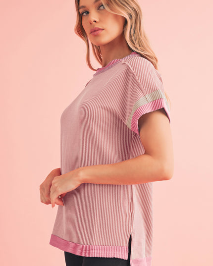 Rose Red Textured Colorblock Round Neck T Shirt