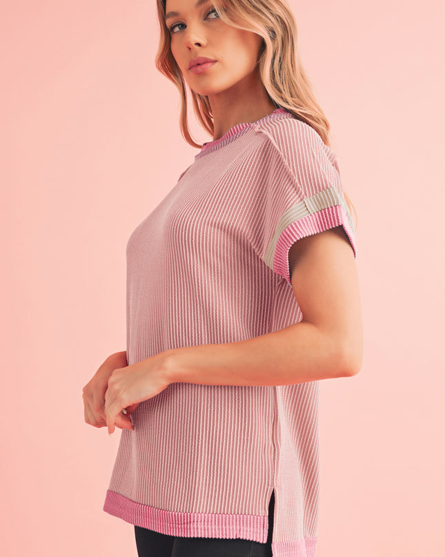Rose Red Textured Colorblock Round Neck T Shirt