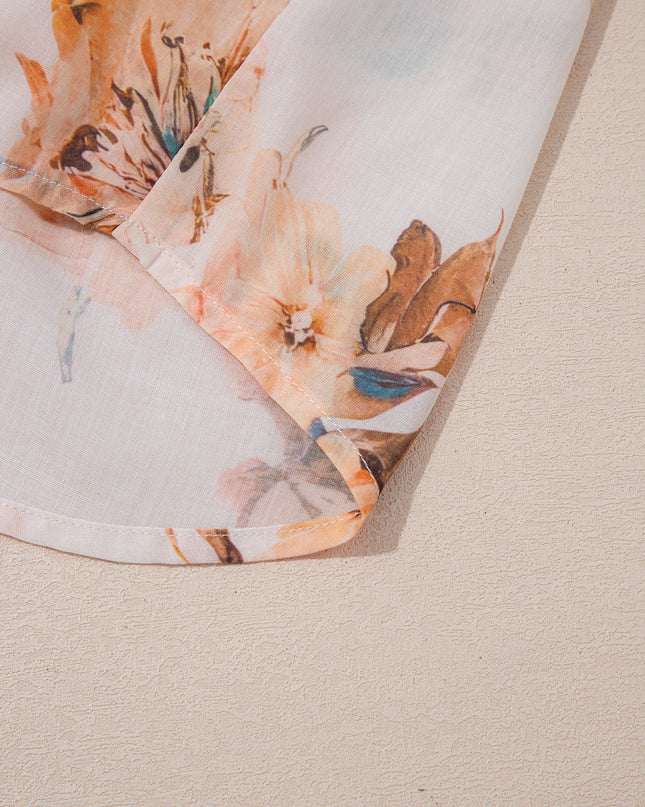 Orange Floral Puff Sleeve Lightweight Shirt