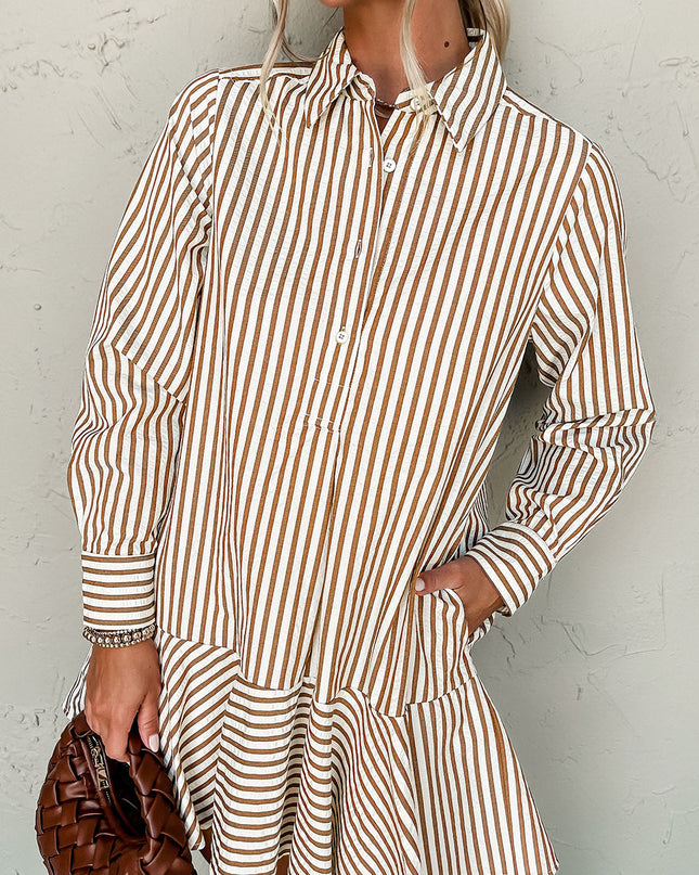 Brown Stripe Ruffle Hem Collared Long Sleeve Shirt Mini Dress