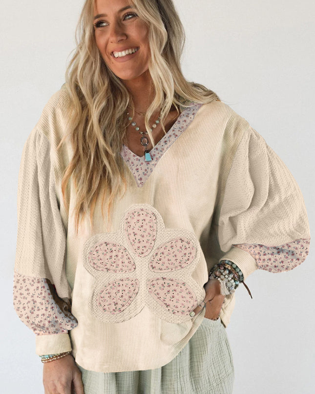Beige Floral Textured Colorblock Patchwork Bishop Sleeve Hooded Top
