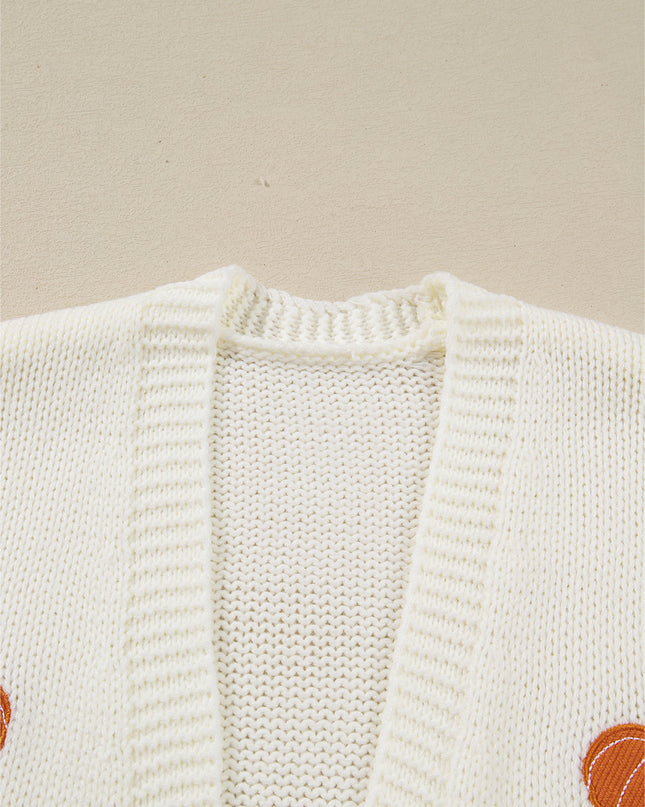 White Pumpkin Print Open Front Drop Shoulder Knit Cardigan