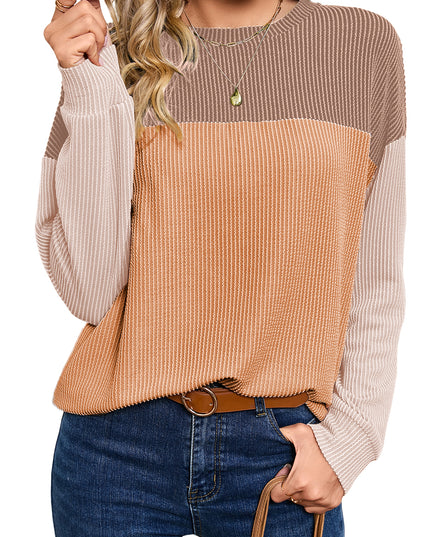 Multicolor Colorblock Ribbed Loose Long Sleeve Top