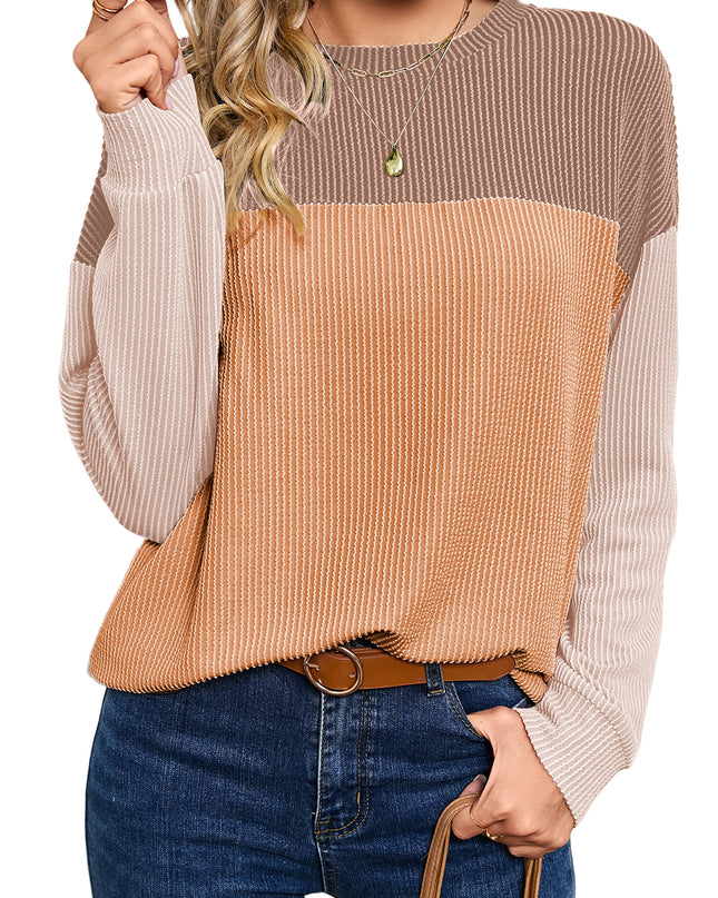 Multicolor Colorblock Ribbed Loose Long Sleeve Top