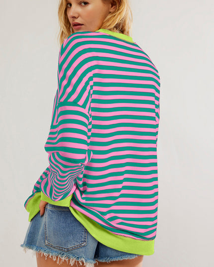 Blue Striped Contrast Trim Drop Shoulder Sweatshirt