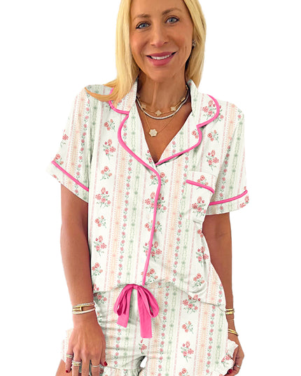 Pink Polka Dot and Bow Print Ruffle Hem Shorts Pajama Set