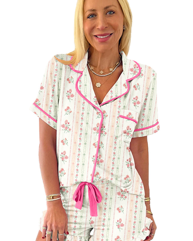 Pink Polka Dot and Bow Print Ruffle Hem Shorts Pajama Set