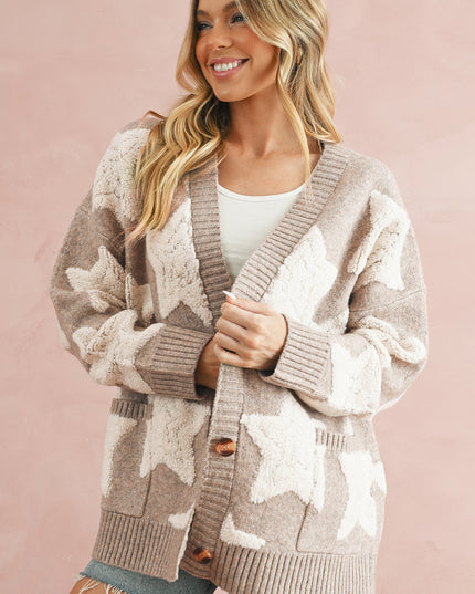Khaki Star Pattern Pockets Button Front Cardigan