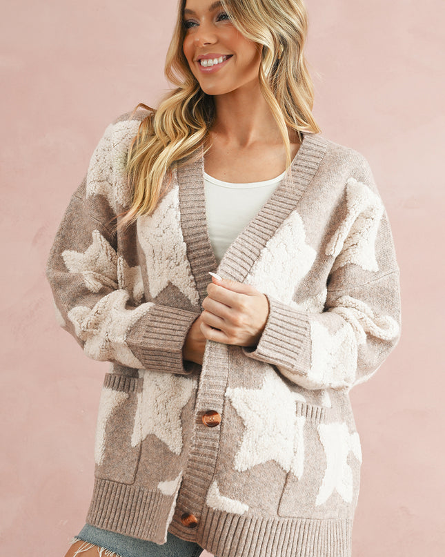 Khaki Star Pattern Pockets Button Front Cardigan
