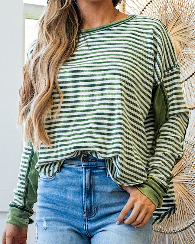 Green Striped Patchwork Knit Drop Shoulder Top
