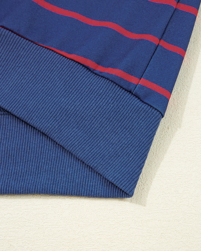 Blue Striped Overlap Detail Drop Shoulder Pullover Sweatshirt