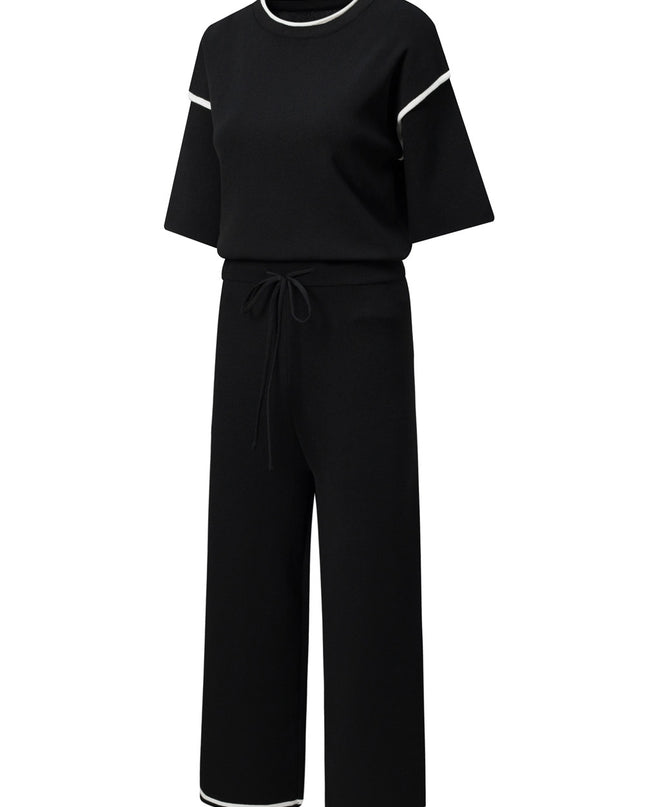 Navy Blue Loose Contrast Trim Half Sleeve Top and Drawstring Pants Set