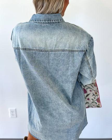 Denim Shirt Dress with Chest Pocket – Raw Hem Oversized Loose Fit Mini Dress (Blue Cotton)