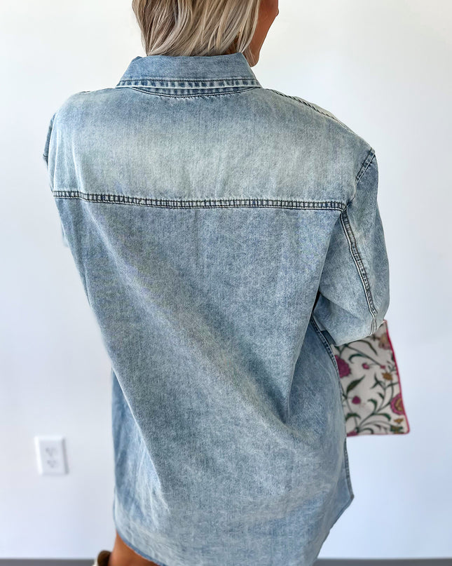 Denim Shirt Dress with Chest Pocket – Raw Hem Oversized Loose Fit Mini Dress (Blue Cotton)