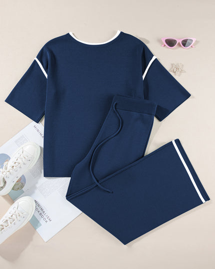 Navy Blue Loose Contrast Trim Half Sleeve Top and Drawstring Pants Set