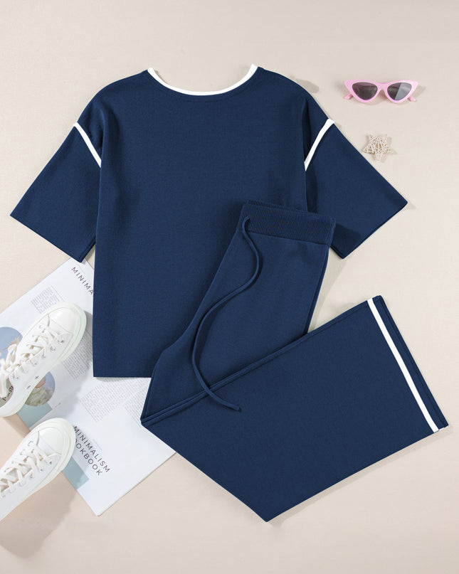 Navy Blue Loose Contrast Trim Half Sleeve Top and Drawstring Pants Set