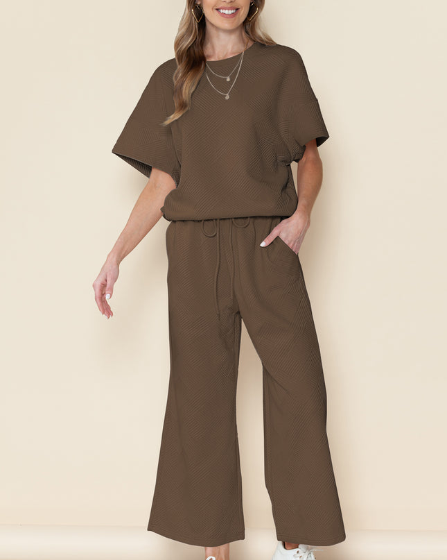 Black Textured Loose Fit T Shirt and Drawstring Pants Set