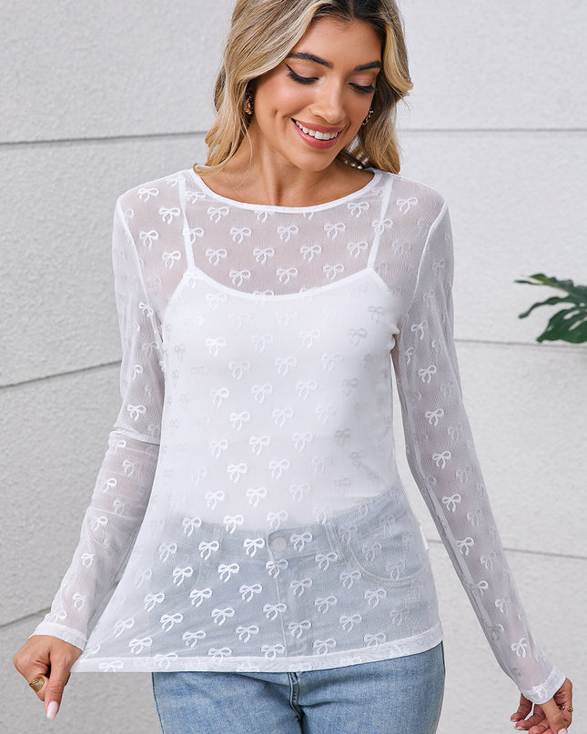 Black Bow Pattern Long Sleeve Slim Fit Mesh Top