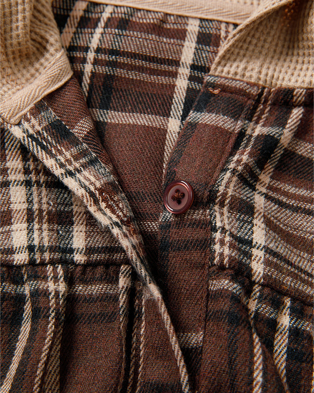 Brown Plaid Waffle Patchwork Henley Hoodie – Cozy Long Sleeve Top for Women