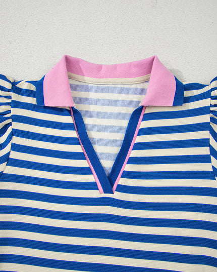 Green Striped Ruffle Short Sleeve Pop of Color Neckline Dress